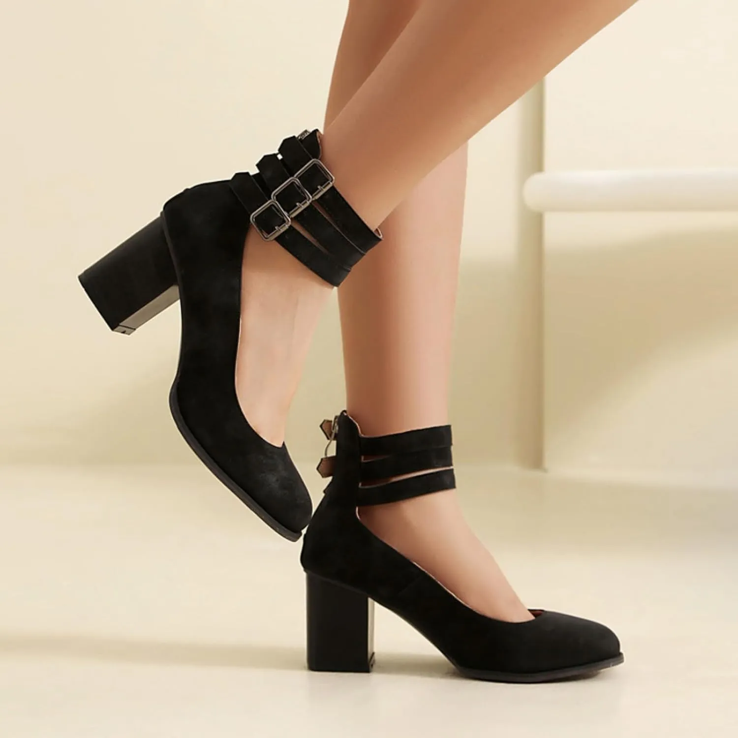 Aflngle Women??s Round Toe Closed Chunky High Block Heels Mary Jane Pumps Fashion Back Zipper Ankle Strap Buckle Wedding Bridal Party Prom Dress Shoes