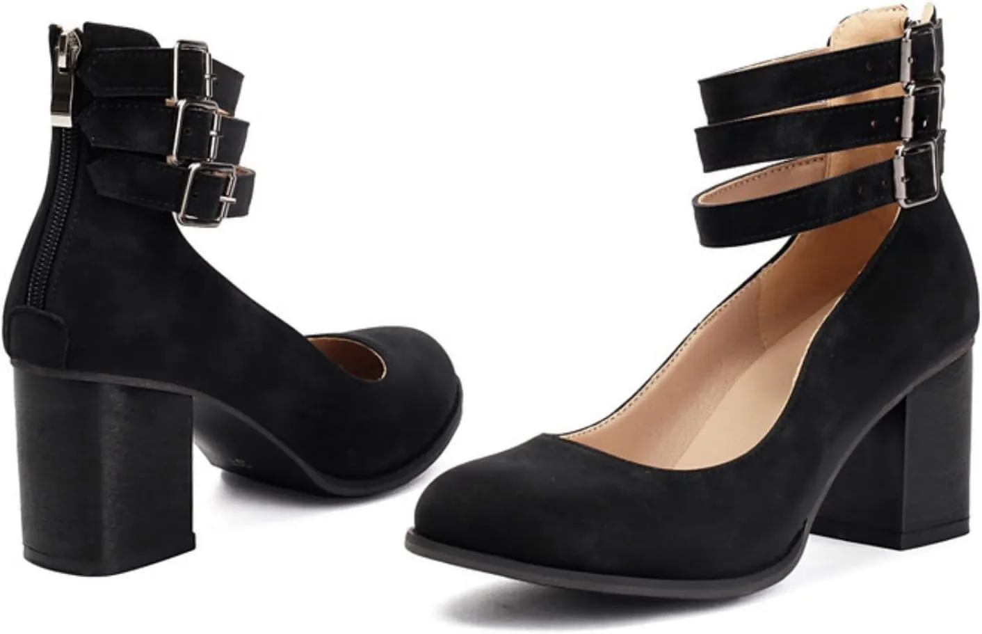 Aflngle Women??s Round Toe Closed Chunky High Block Heels Mary Jane Pumps Fashion Back Zipper Ankle Strap Buckle Wedding Bridal Party Prom Dress Shoes