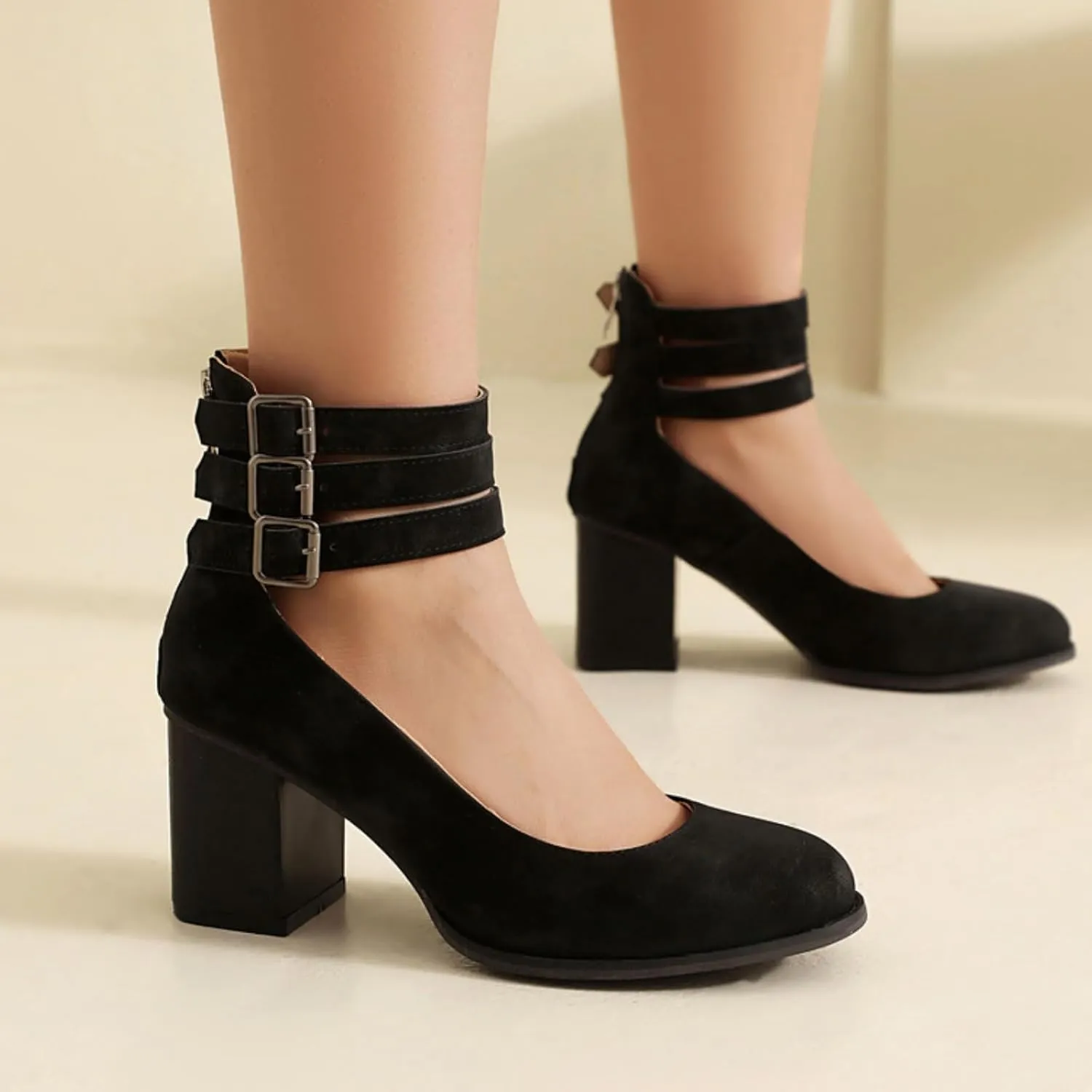 Aflngle Women??s Round Toe Closed Chunky High Block Heels Mary Jane Pumps Fashion Back Zipper Ankle Strap Buckle Wedding Bridal Party Prom Dress Shoes