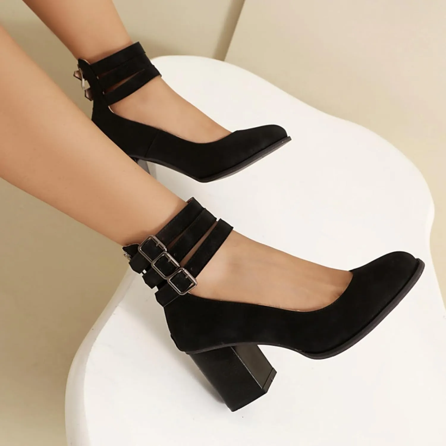 Aflngle Women??s Round Toe Closed Chunky High Block Heels Mary Jane Pumps Fashion Back Zipper Ankle Strap Buckle Wedding Bridal Party Prom Dress Shoes