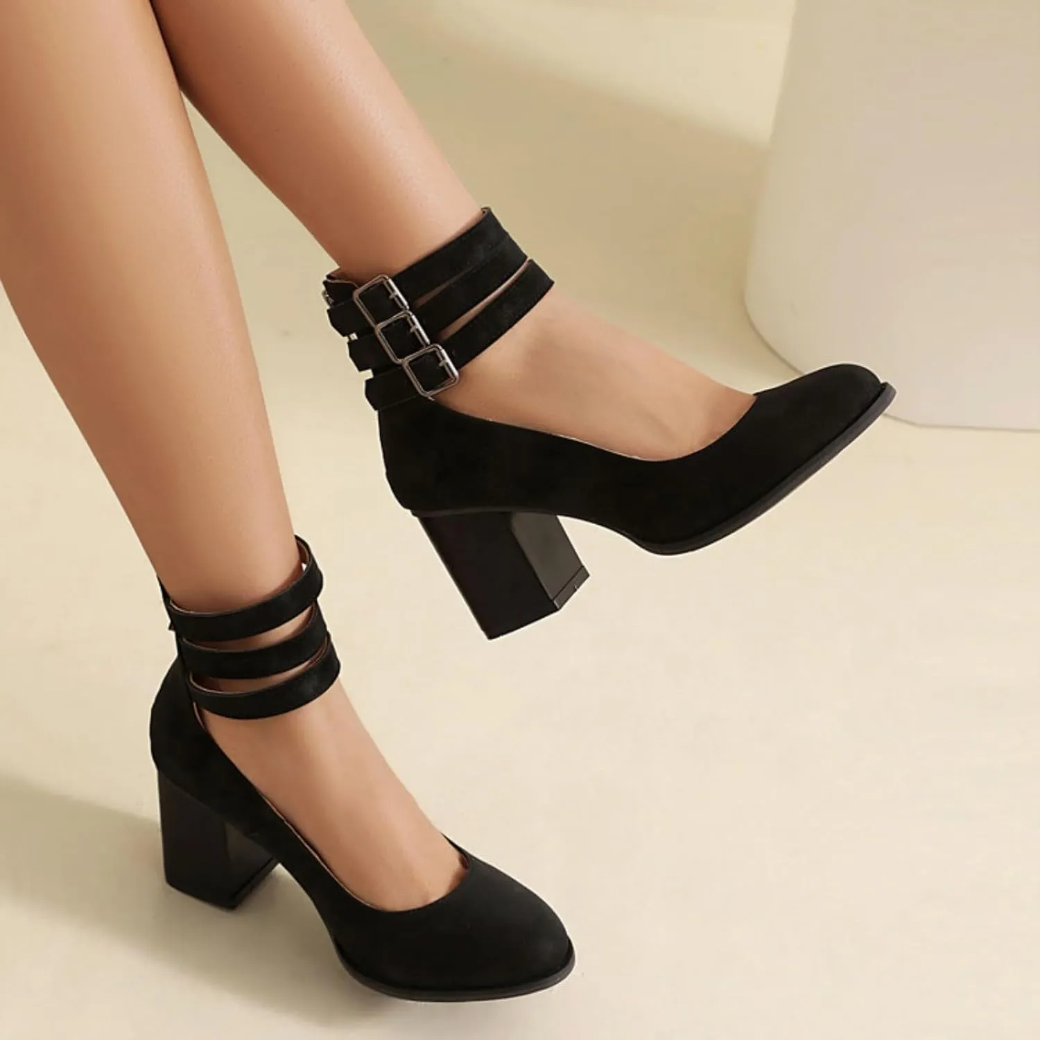 Aflngle Women??s Round Toe Closed Chunky High Block Heels Mary Jane Pumps Fashion Back Zipper Ankle Strap Buckle Wedding Bridal Party Prom Dress Shoes
