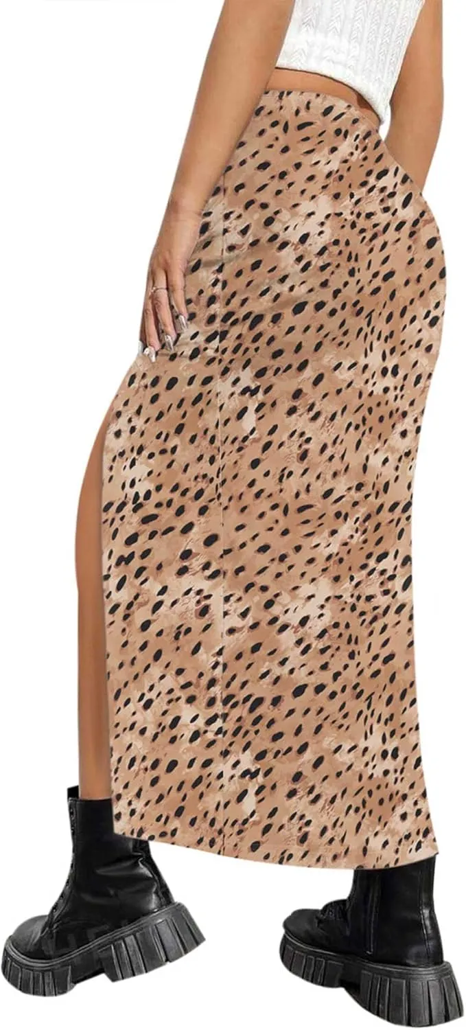AIMCOO Womens Leopard Print Midi Skirt with Slit Stretchy Ruched Long Skirts Summer Casual Elastic High Waist Floral Skirts
