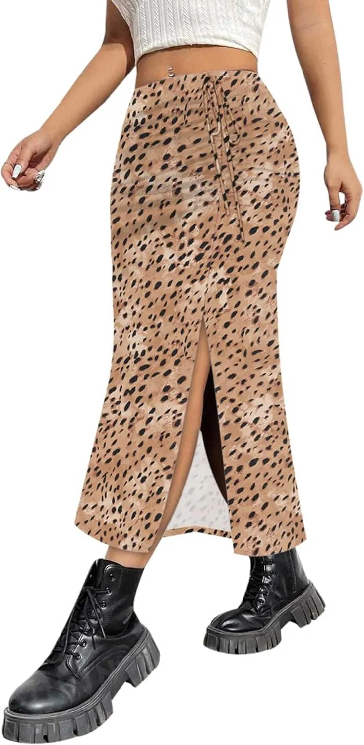 AIMCOO Womens Leopard Print Midi Skirt with Slit Stretchy Ruched Long Skirts Summer Casual Elastic High Waist Floral Skirts