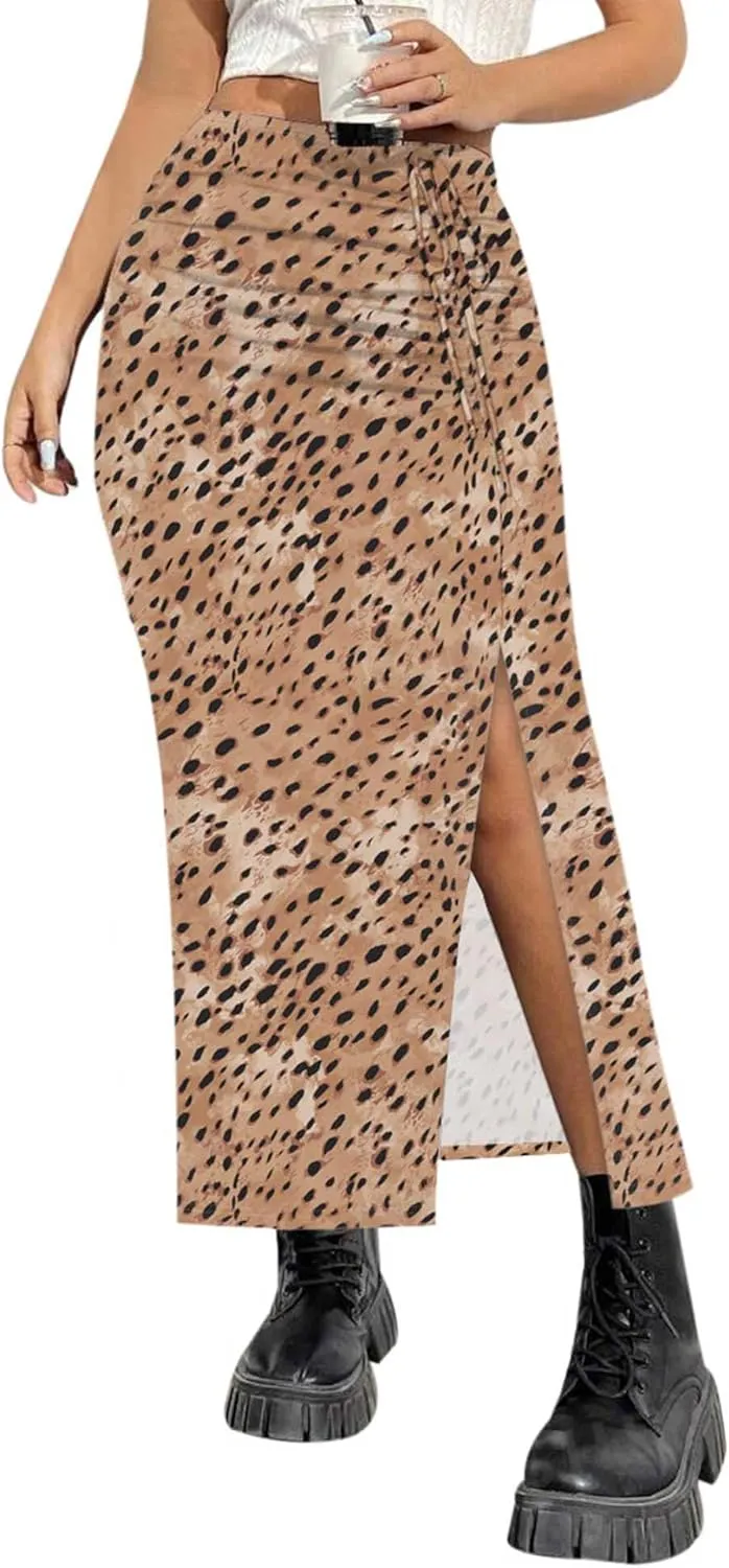 AIMCOO Womens Leopard Print Midi Skirt with Slit Stretchy Ruched Long Skirts Summer Casual Elastic High Waist Floral Skirts