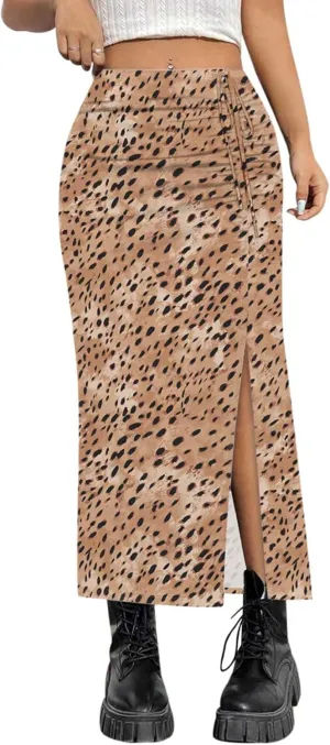 AIMCOO Womens Leopard Print Midi Skirt with Slit Stretchy Ruched Long Skirts Summer Casual Elastic High Waist Floral Skirts