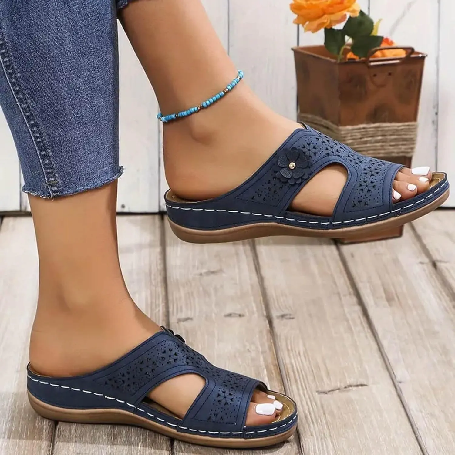 AMDBEL Orthopedic Sandals for Women Arch Support Dressy Summer Wedge Slip On Open Toe Casual Orthotic Slides Slippers Shoes