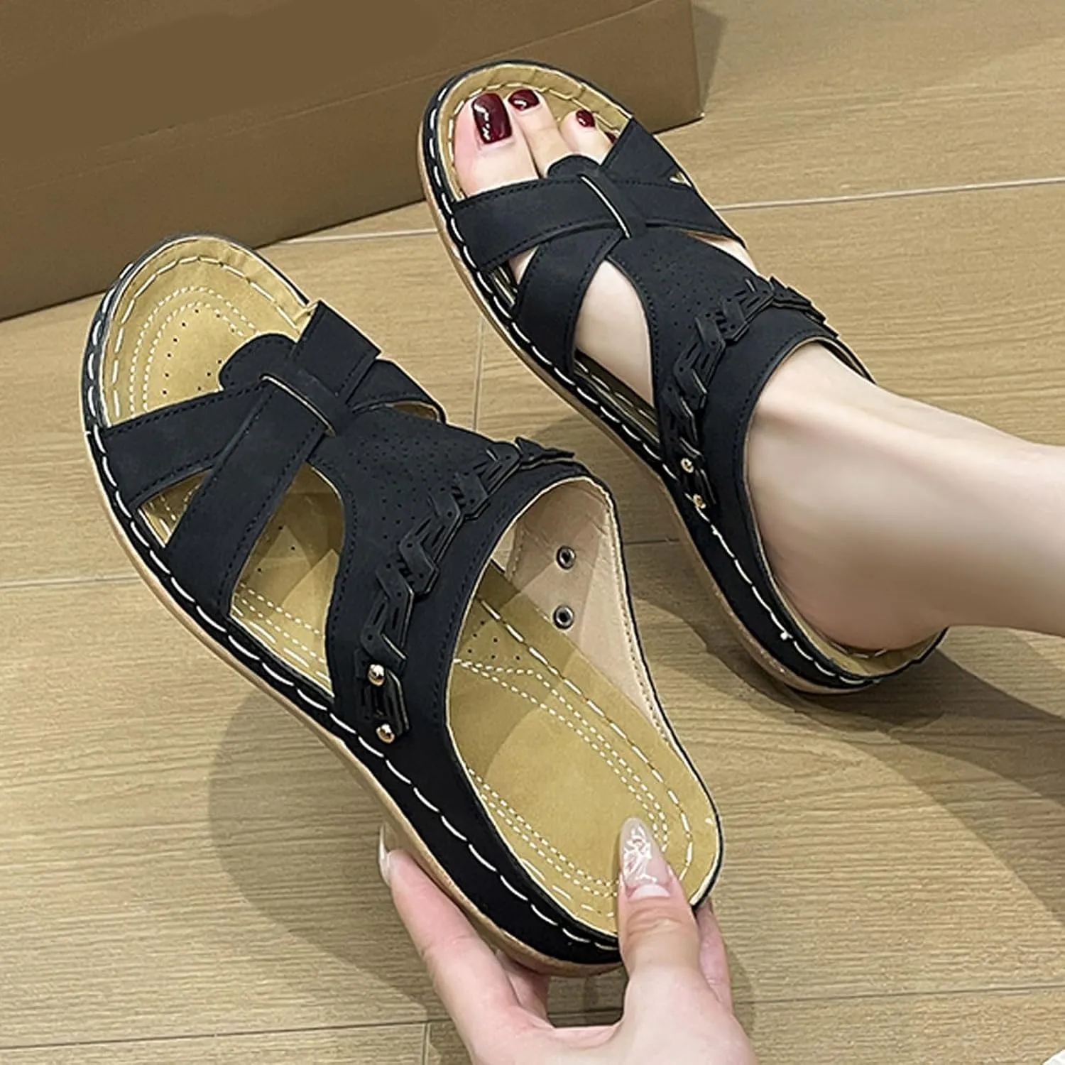 AMDBEL Sandals for Women 2024 Comfortable Summer Beach Slide Sandals Breathable Open Toe Wedge Sandal Outdoor Slip On Slipper