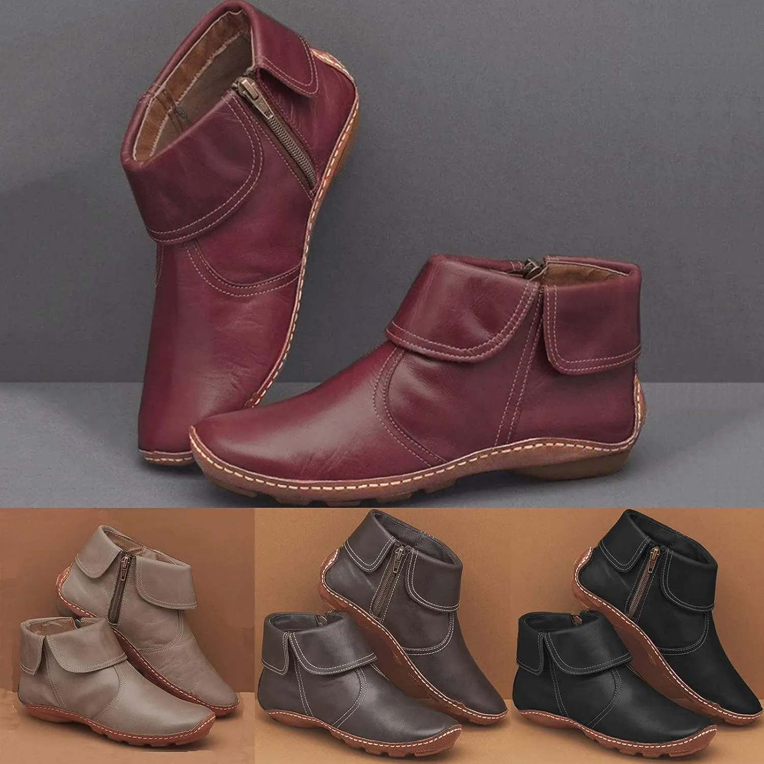 Ankle Booties for Women Flat Heel Round Toe Boots Fashion Side Zip Vintage Booties Low Heel Arch Support Boots