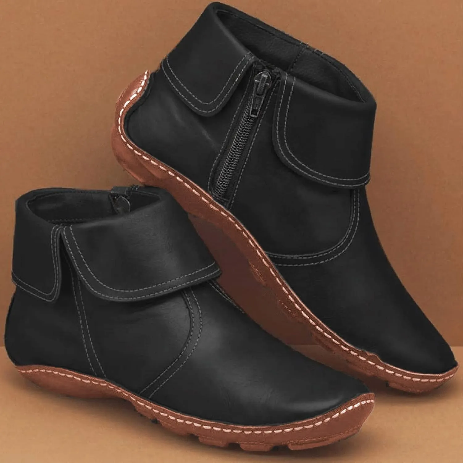 Ankle Booties for Women Flat Heel Round Toe Boots Fashion Side Zip Vintage Booties Low Heel Arch Support Boots