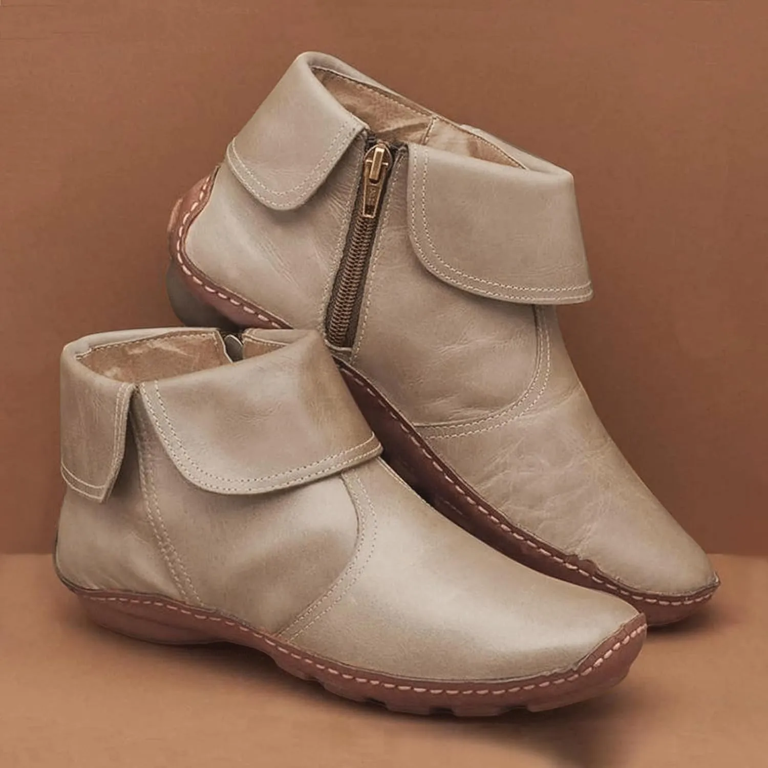 Ankle Booties for Women Side Zipper Vintage Leather Boots No Heel Arch Support Booties Flat Heel Casual Boots