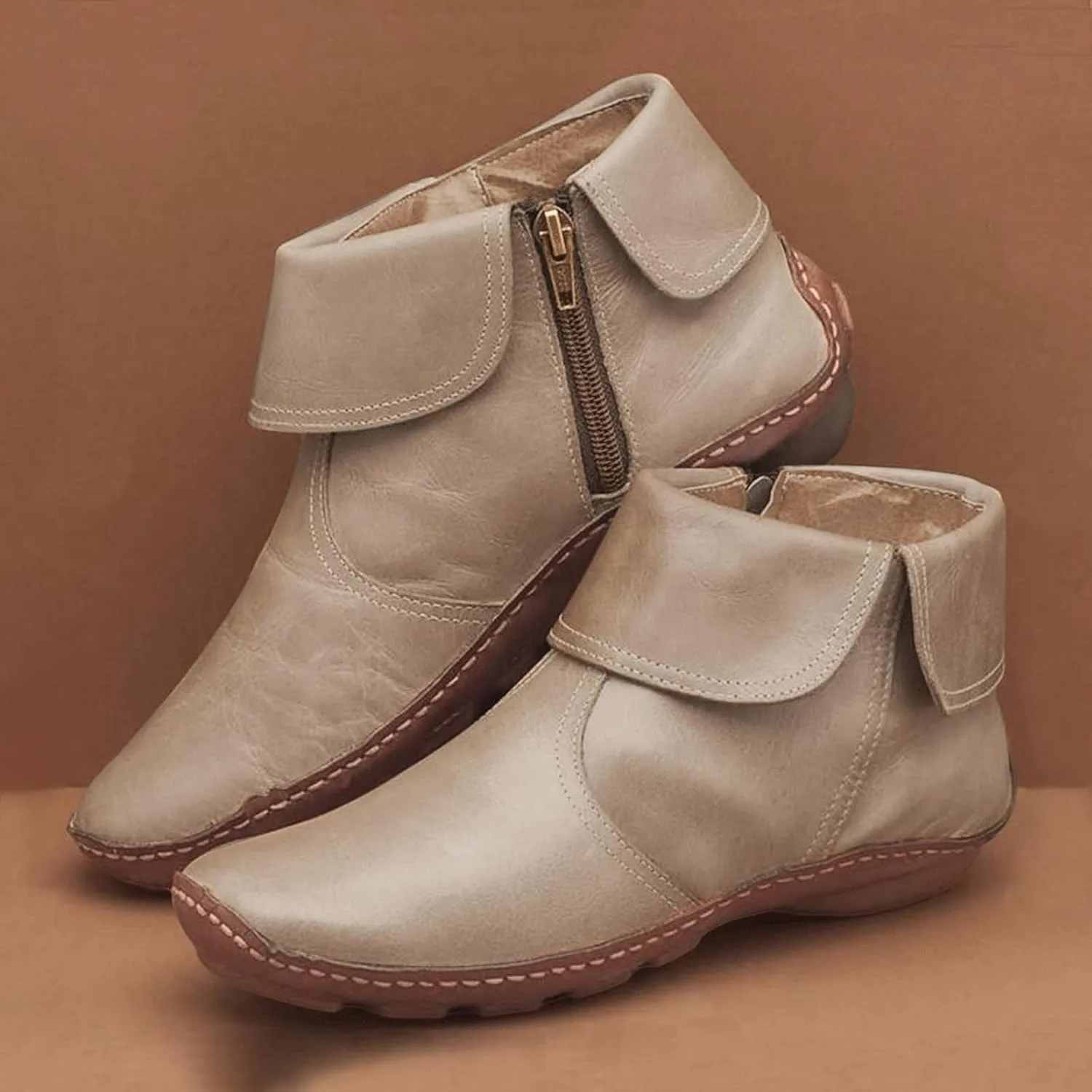 Ankle Booties for Women Side Zipper Vintage Leather Boots No Heel Arch Support Booties Flat Heel Casual Boots