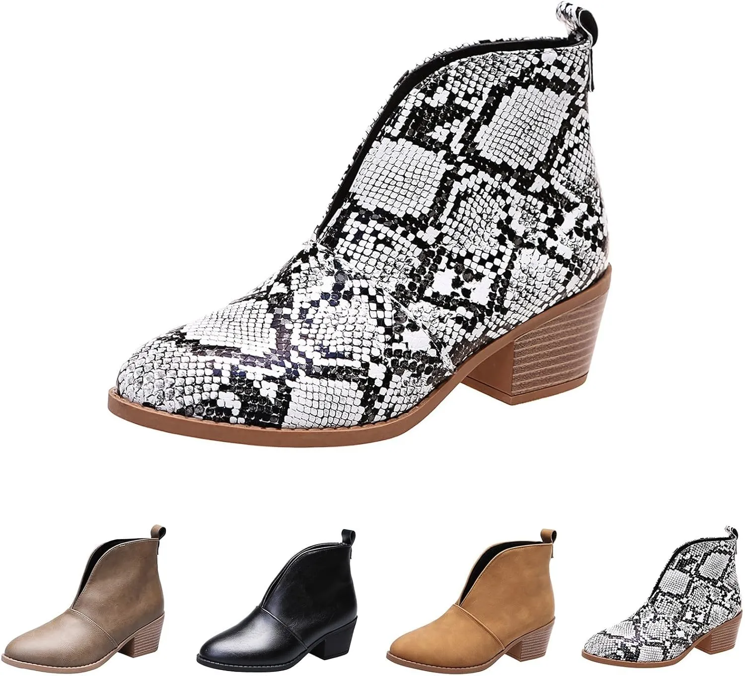 Ankle Boots for Women Fall Boots Casual Women's Boots Slip on V Cutout Pointed Toe Chunky Stacked Mid Heel Booties