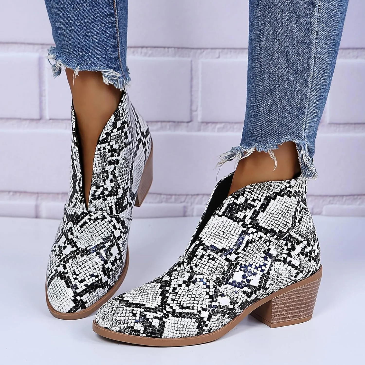 Ankle Boots for Women Fall Boots Casual Women's Boots Slip on V Cutout Pointed Toe Chunky Stacked Mid Heel Booties