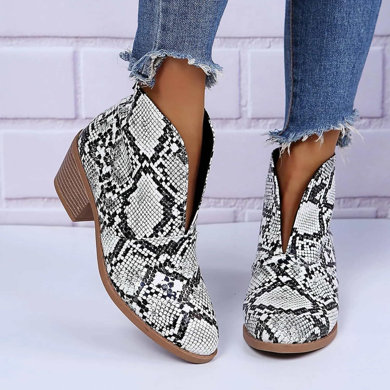 Ankle Boots for Women Fall Boots Casual Women's Boots Slip on V Cutout Pointed Toe Chunky Stacked Mid Heel Booties