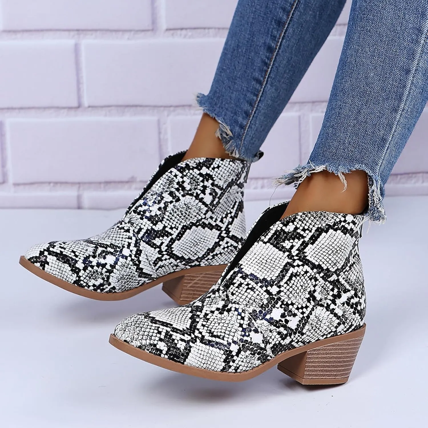Ankle Boots for Women Fall Boots Casual Women's Boots Slip on V Cutout Pointed Toe Chunky Stacked Mid Heel Booties