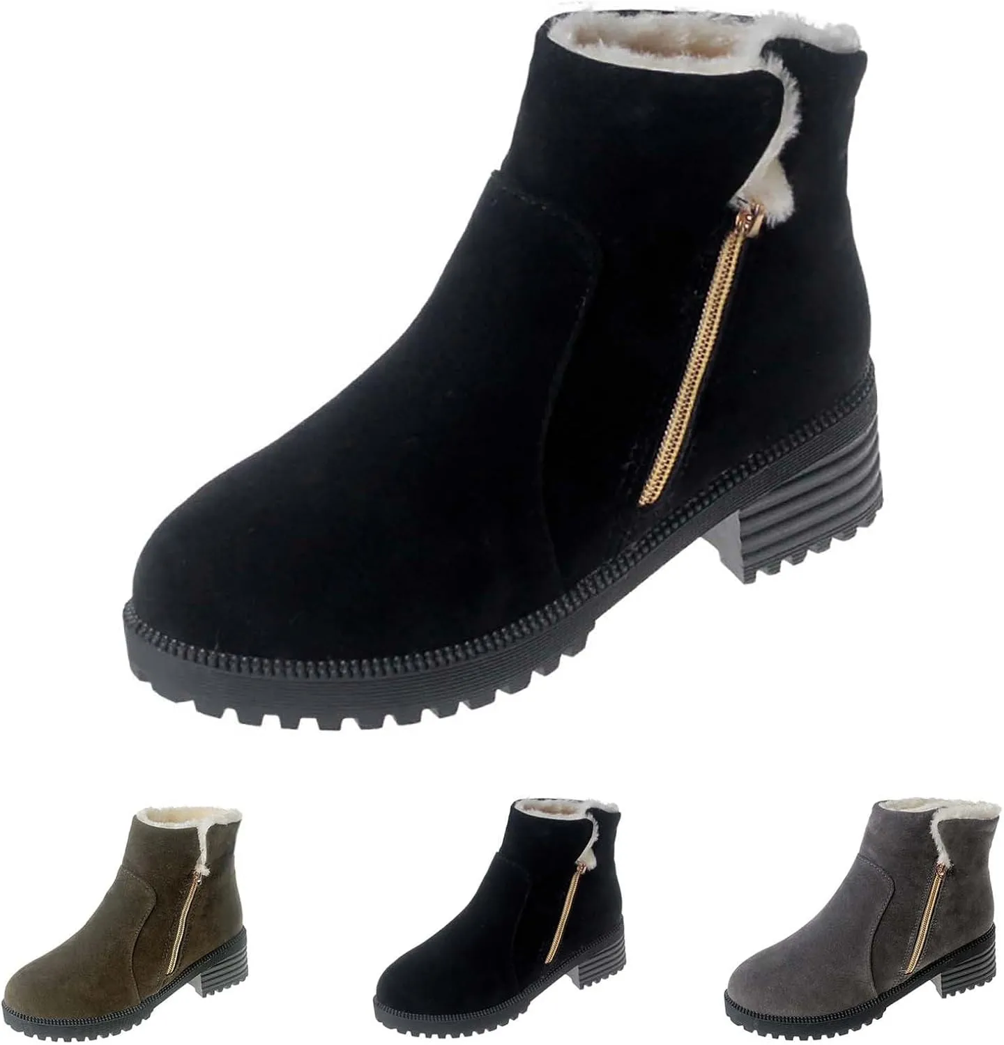 Ankle Boots for Women Low Heel Side Zipper Dress Boots Plush Lined Womens Boots Mid Calf Square Heel Hiking Boots