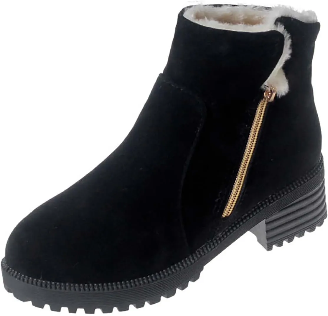 Ankle Boots for Women Low Heel Side Zipper Dress Boots Plush Lined Womens Boots Mid Calf Square Heel Hiking Boots