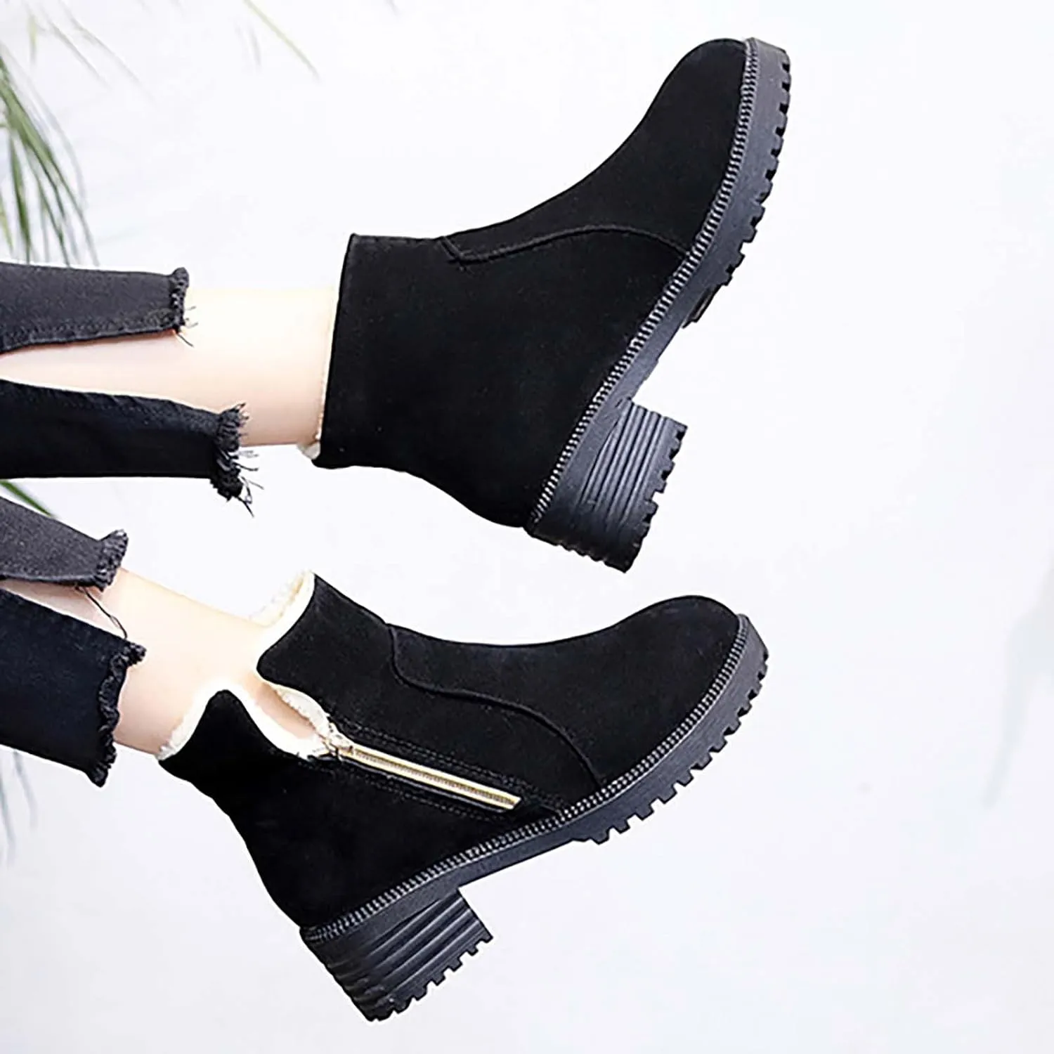 Ankle Boots for Women Low Heel Side Zipper Dress Boots Plush Lined Womens Boots Mid Calf Square Heel Hiking Boots