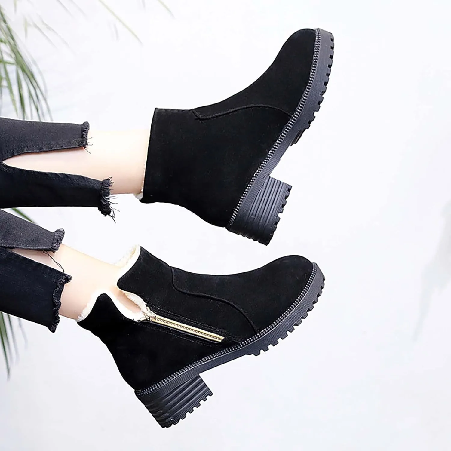 Ankle Boots for Women Low Heel Side Zipper Dress Boots Plush Lined Womens Boots Mid Calf Square Heel Hiking Boots