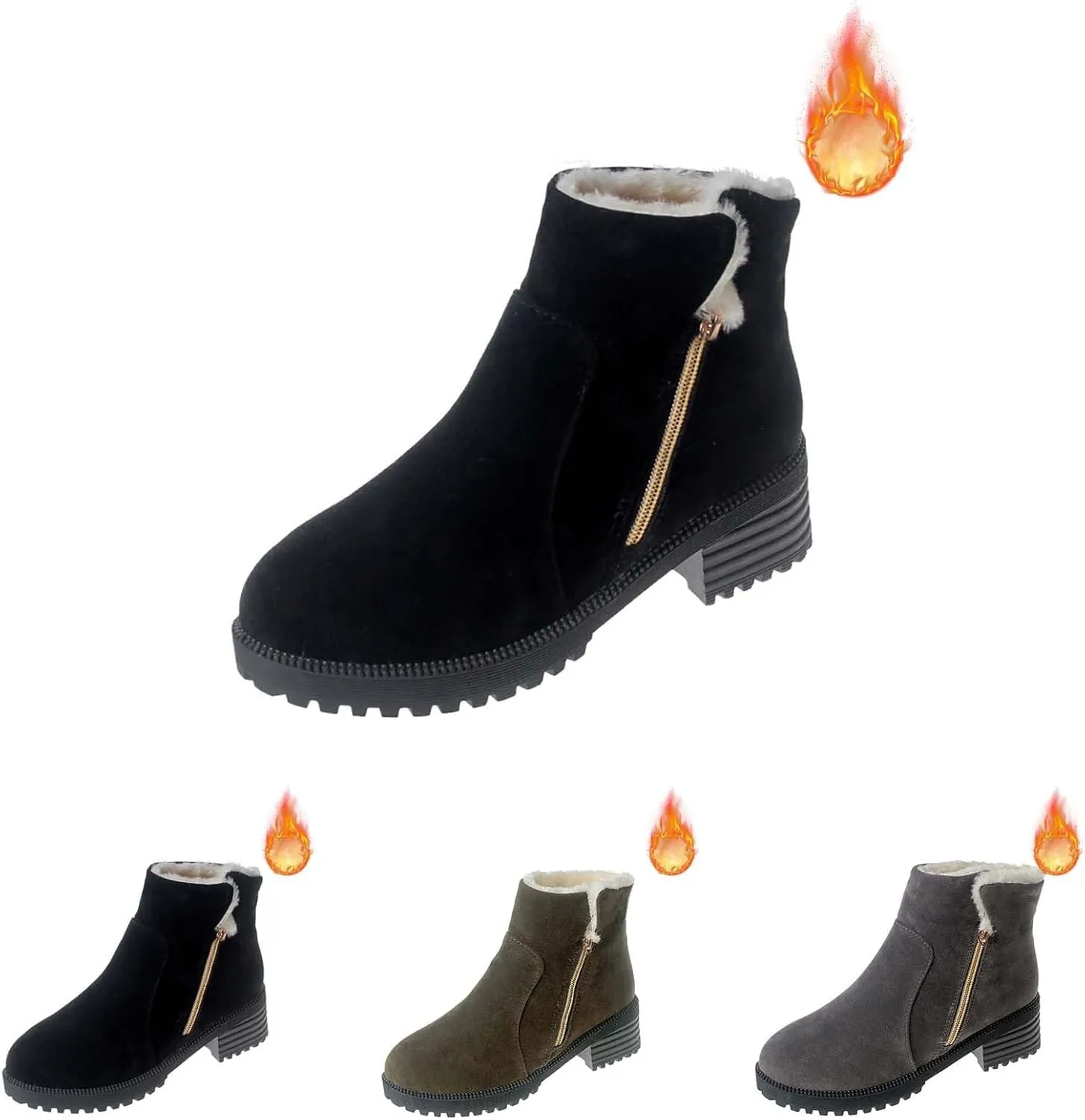 Ankle Boots for Women Low Heel Side Zipper Dress Boots Plush Lined Womens Boots Mid Calf Square Heel Hiking Boots