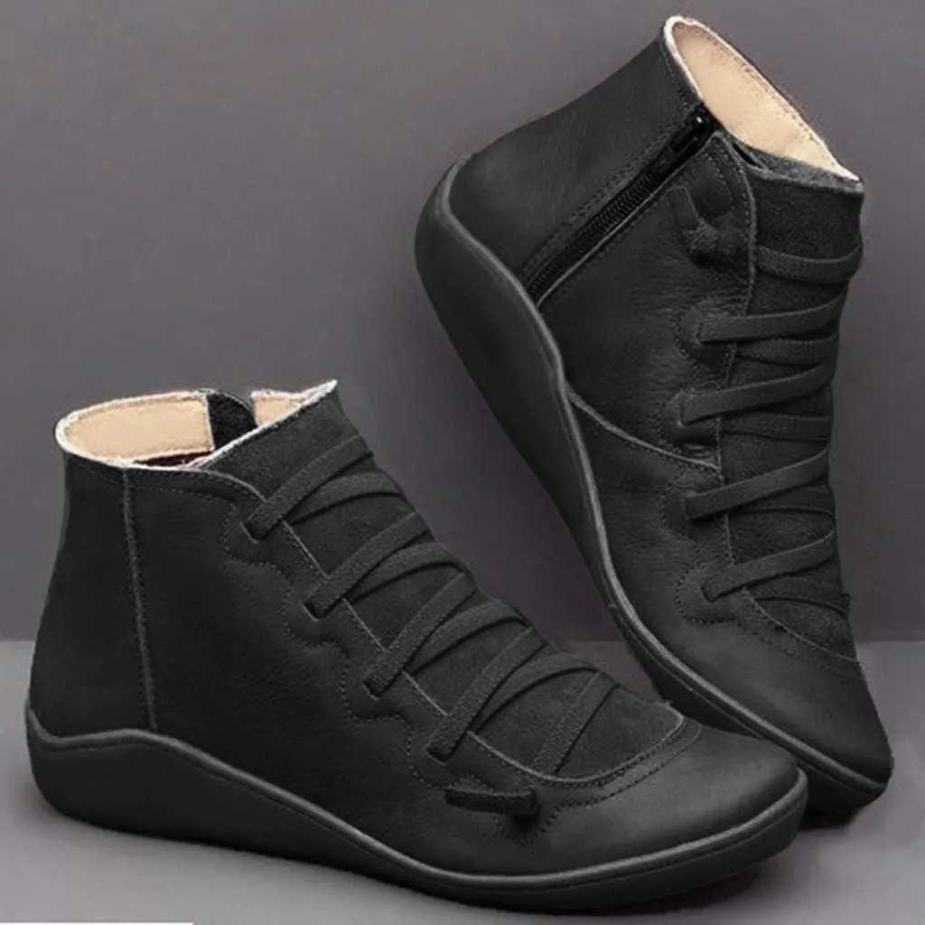 Ankle Boots for Women Round Toe Arch Support Booties Side Zip-Up Vintage Leather Boots Lace up Flat Heel Booties