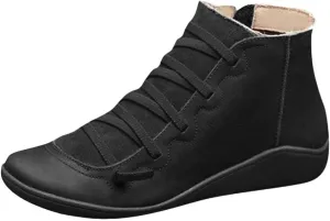 Ankle Boots for Women Round Toe Arch Support Booties Side Zip-Up Vintage Leather Boots Lace up Flat Heel Booties