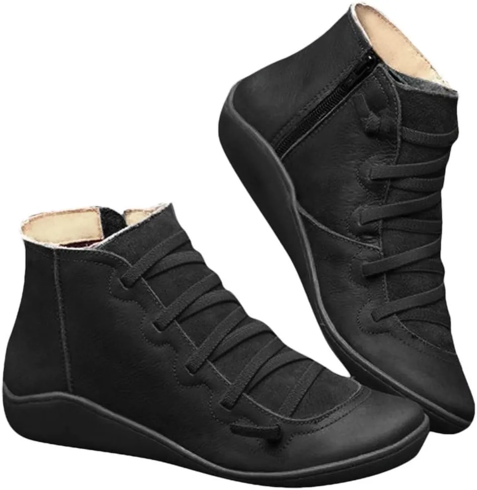 Ankle Boots for Women Round Toe Arch Support Booties Side Zip-Up Vintage Leather Boots Lace up Flat Heel Booties