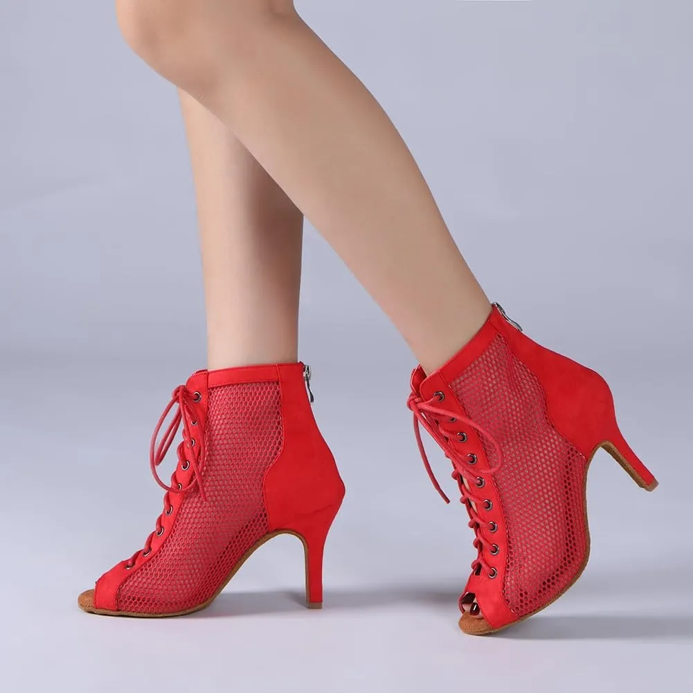 AOQUNFS Women's Peep Toe Latin Dance Boots Salsa Ballroom Lace-up Practice Performance Party Dance Shoes,Model L573