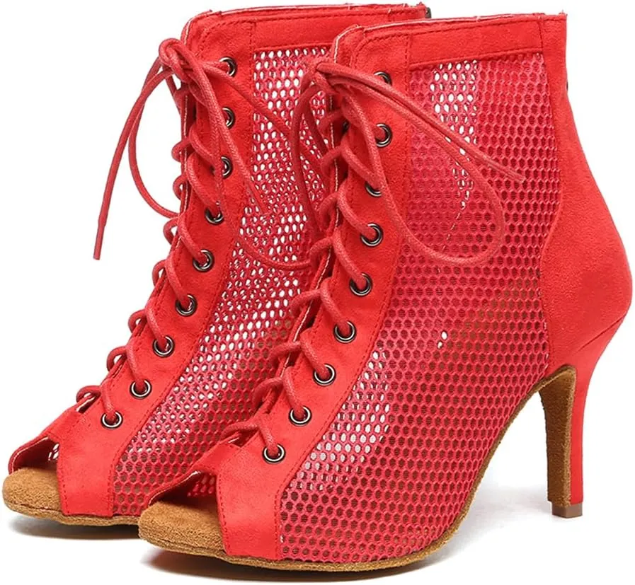 AOQUNFS Women's Peep Toe Latin Dance Boots Salsa Ballroom Lace-up Practice Performance Party Dance Shoes,Model L573