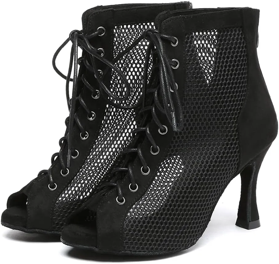 AOQUNFS Women's Peep Toe Latin Dance Boots Salsa Ballroom Lace-up Practice Performance Party Dance Shoes,Model L573
