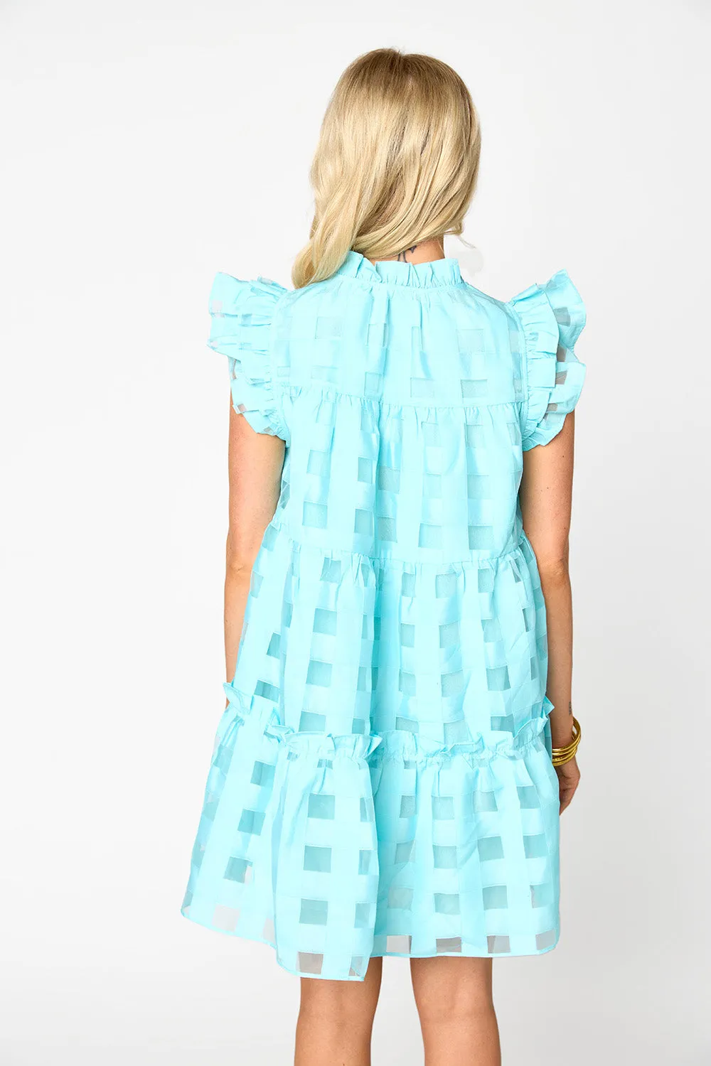 Aubrey Ruffle Shoulder Short Dress - Sky