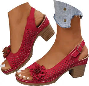 Block Heel Sandals for Women 2025 Summer Womens Open Toe Ankle Strap Chunky High Heels Sandal Casual Solid Color Hollow Out Floral Decor Shoes Stylish Platform Wedge Shoe Fashion Footwear