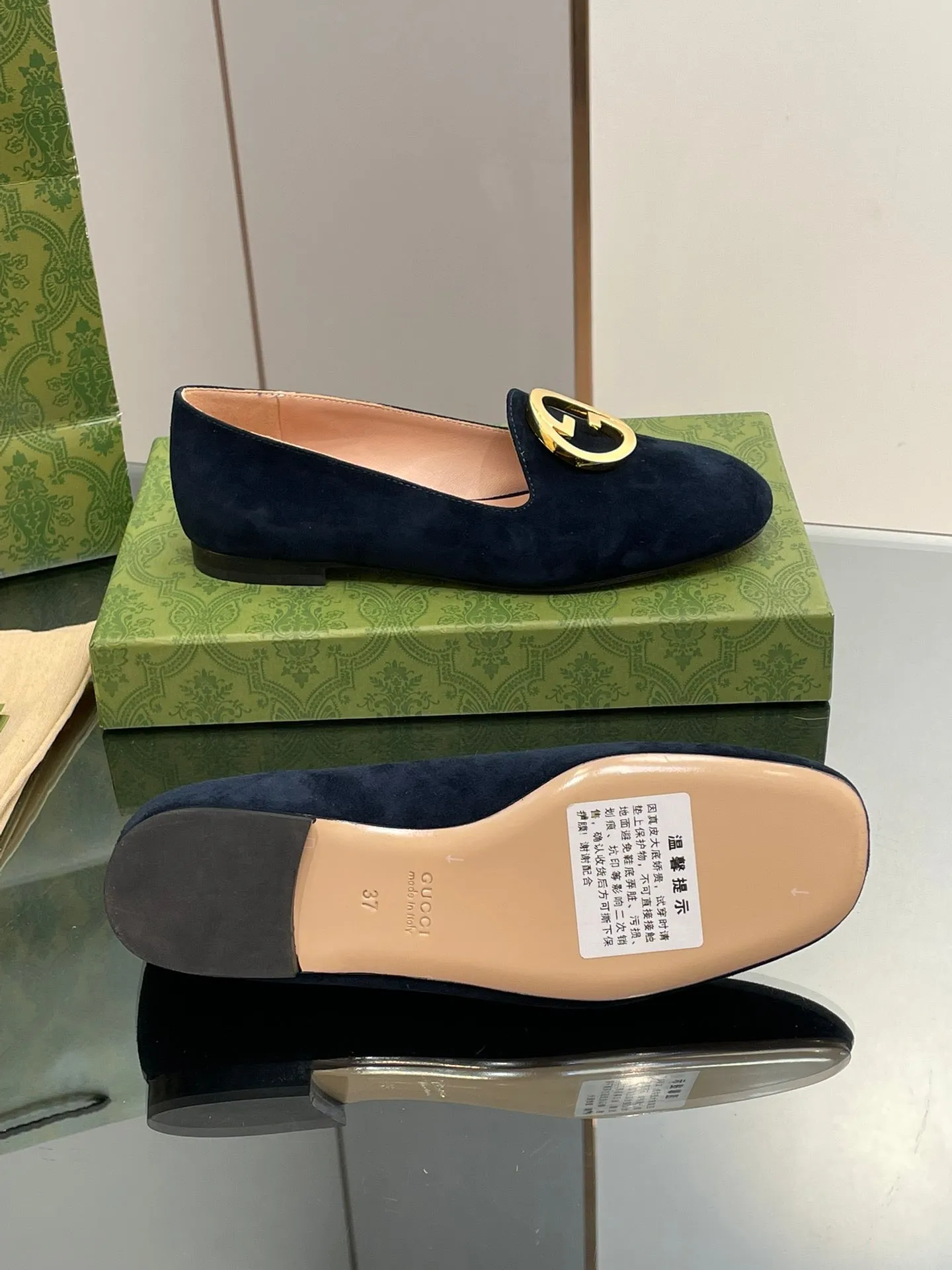BLONDIE LOGO-PLAQUE LOAFERS IN SPACE BLUE SUEDE WITH GOLD HARDWARE