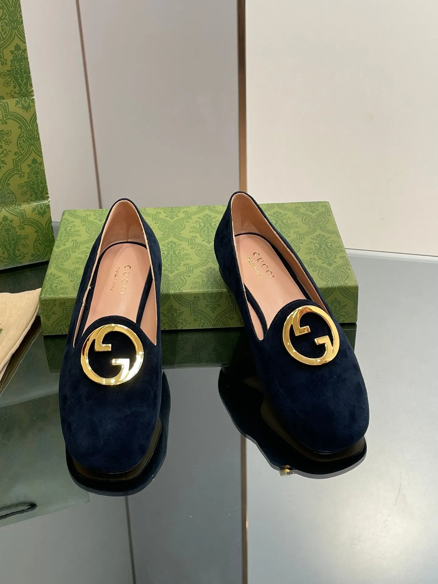 BLONDIE LOGO-PLAQUE LOAFERS IN SPACE BLUE SUEDE WITH GOLD HARDWARE