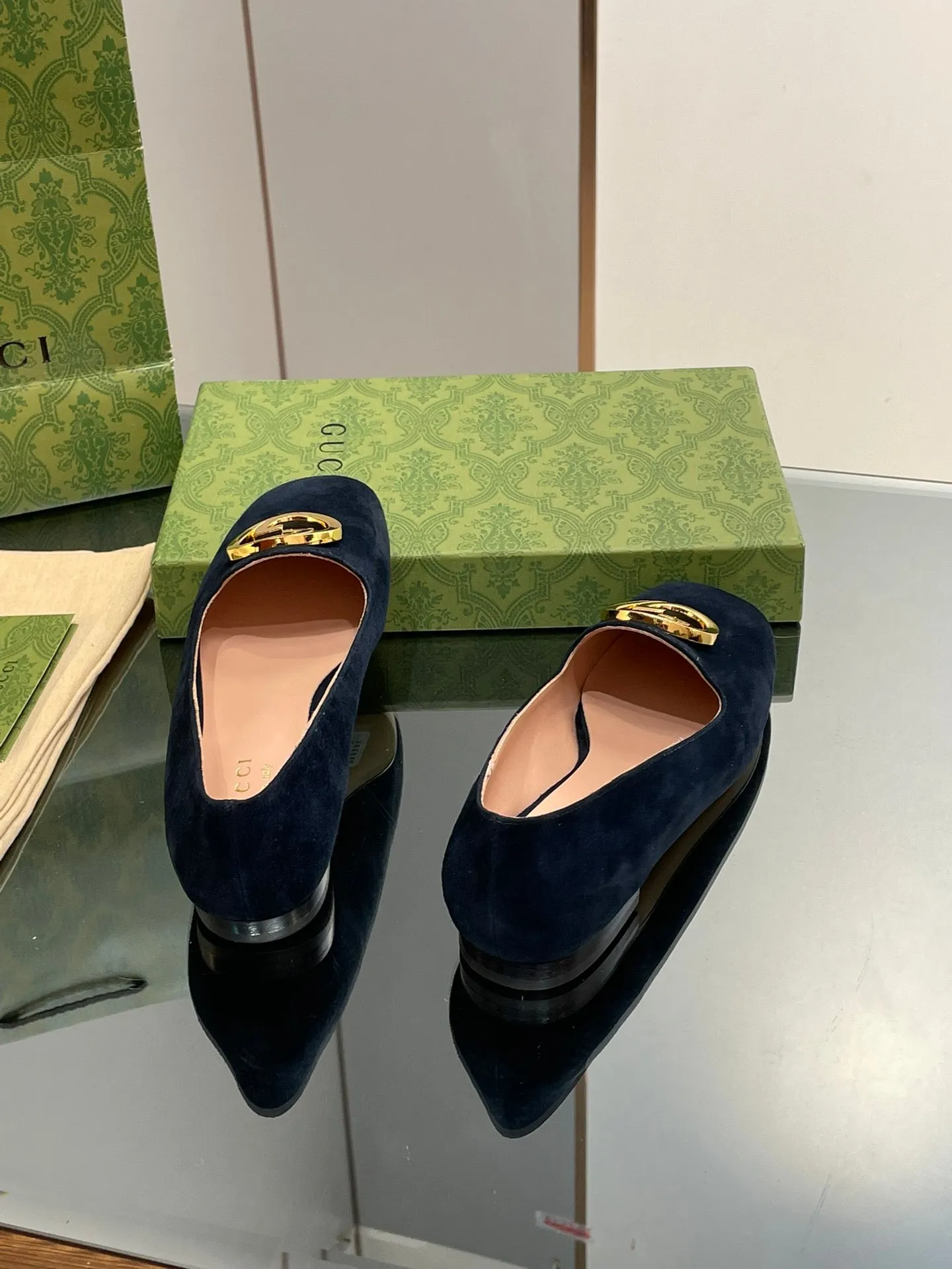 BLONDIE LOGO-PLAQUE LOAFERS IN SPACE BLUE SUEDE WITH GOLD HARDWARE