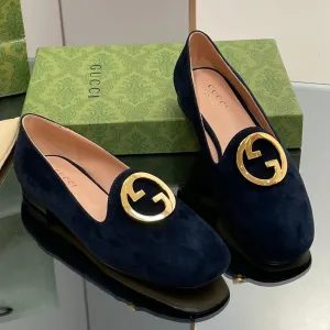 BLONDIE LOGO-PLAQUE LOAFERS IN SPACE BLUE SUEDE WITH GOLD HARDWARE