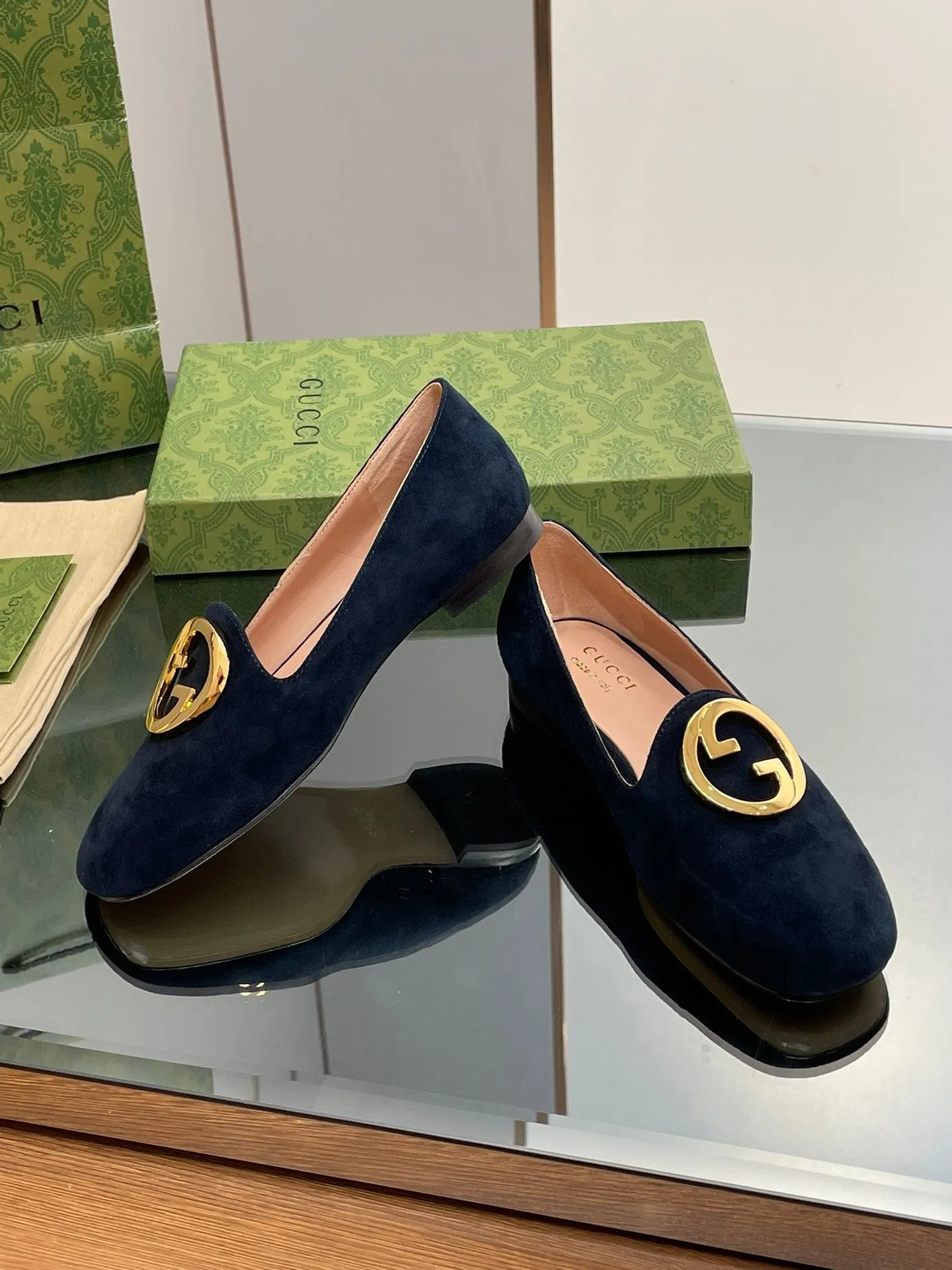 BLONDIE LOGO-PLAQUE LOAFERS IN SPACE BLUE SUEDE WITH GOLD HARDWARE