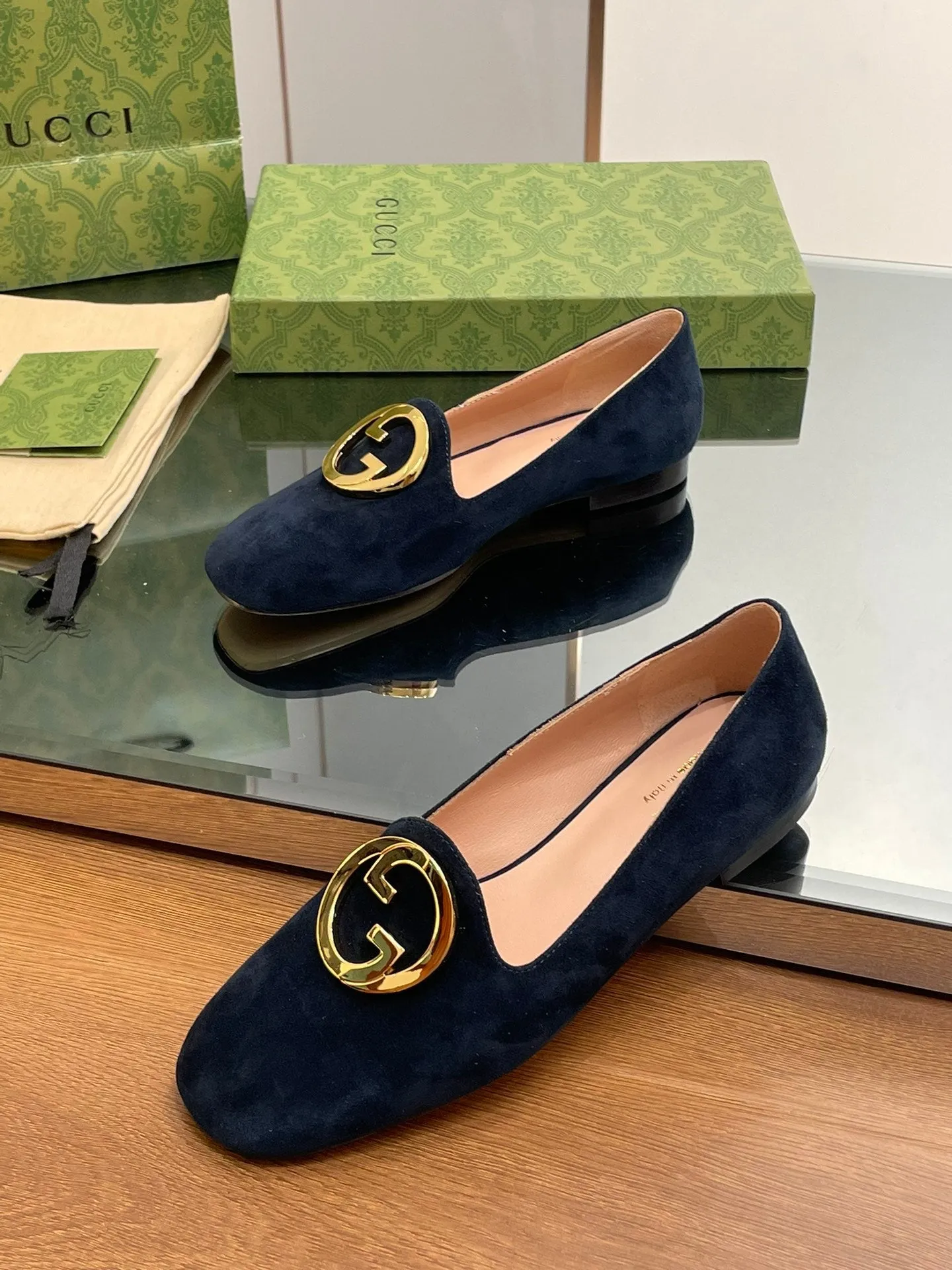 BLONDIE LOGO-PLAQUE LOAFERS IN SPACE BLUE SUEDE WITH GOLD HARDWARE