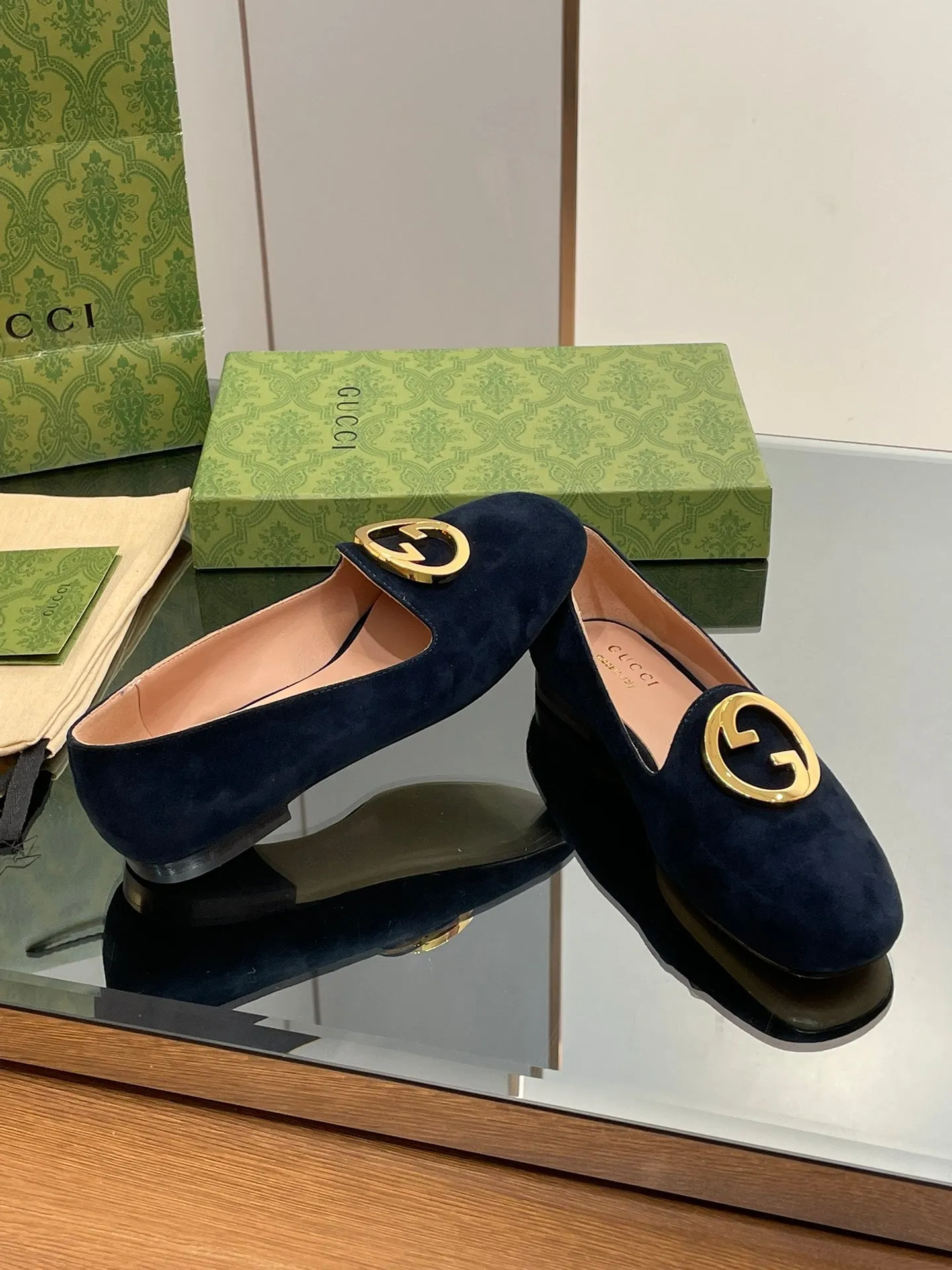 BLONDIE LOGO-PLAQUE LOAFERS IN SPACE BLUE SUEDE WITH GOLD HARDWARE
