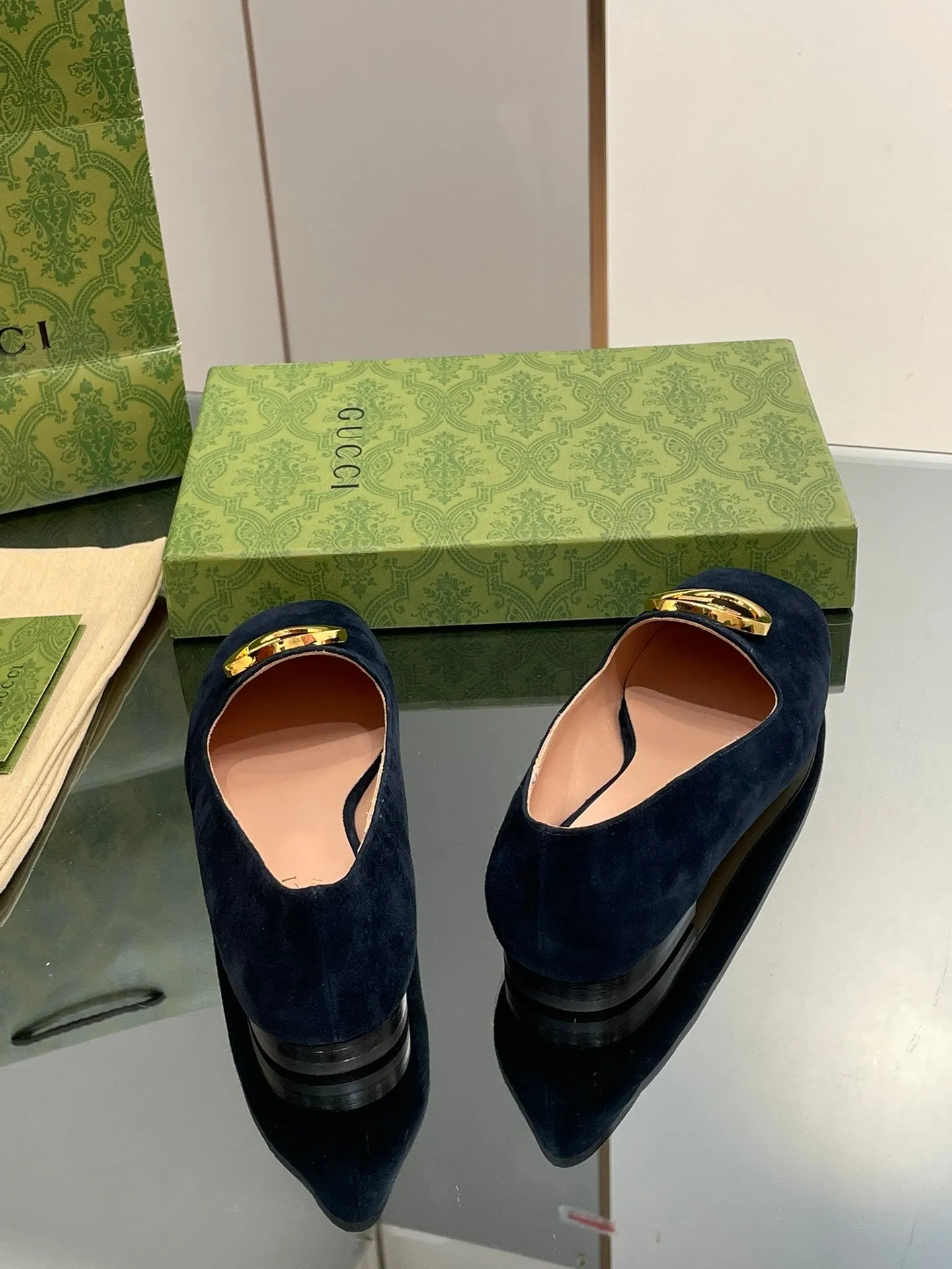 BLONDIE LOGO-PLAQUE LOAFERS IN SPACE BLUE SUEDE WITH GOLD HARDWARE