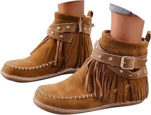 Boots for Women 2024 No Heel Casual Walking Vintage Retro Short Booties with Zipper Fringe Comfy Arch Support Slip-On Shoes