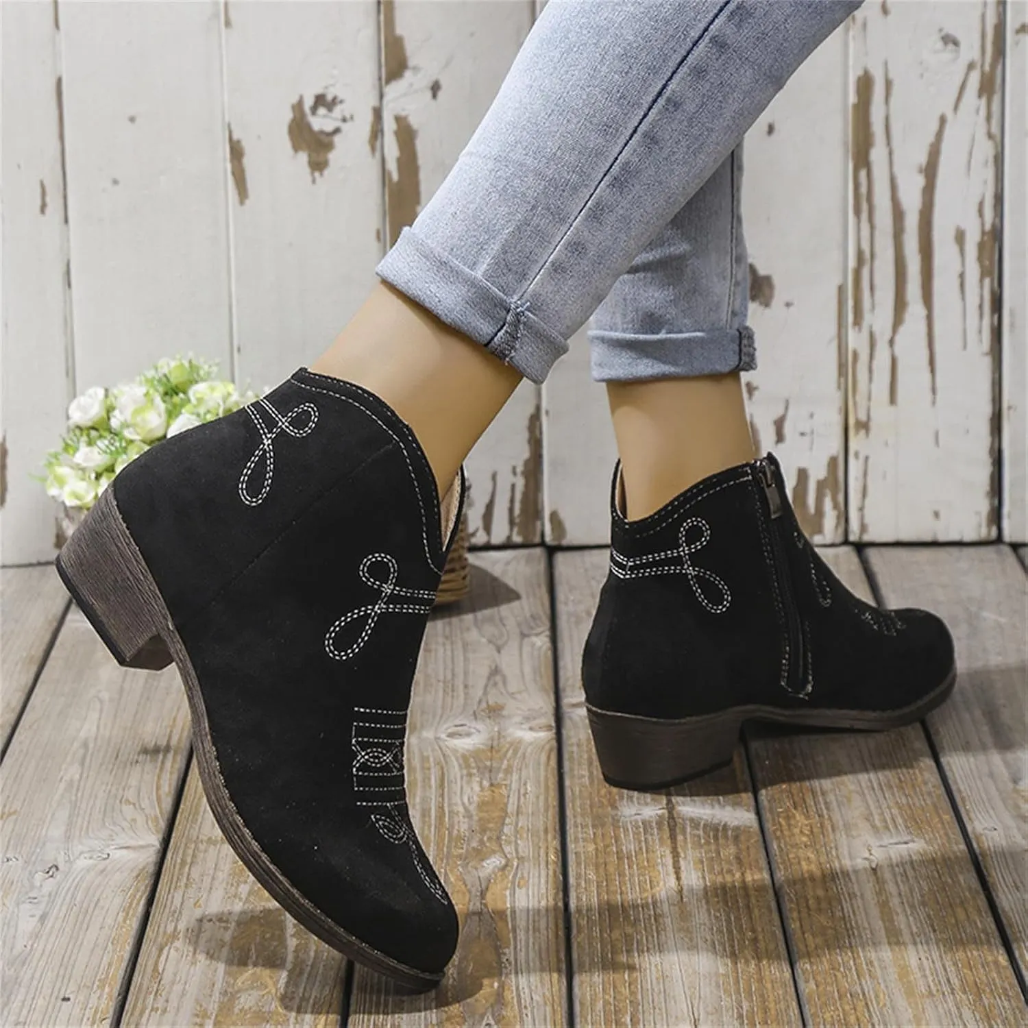 Boots for Women Ankle Booties Black Boots for Women Winter Fashion Short Boots Side Zipper Chunky Heel Low Boots