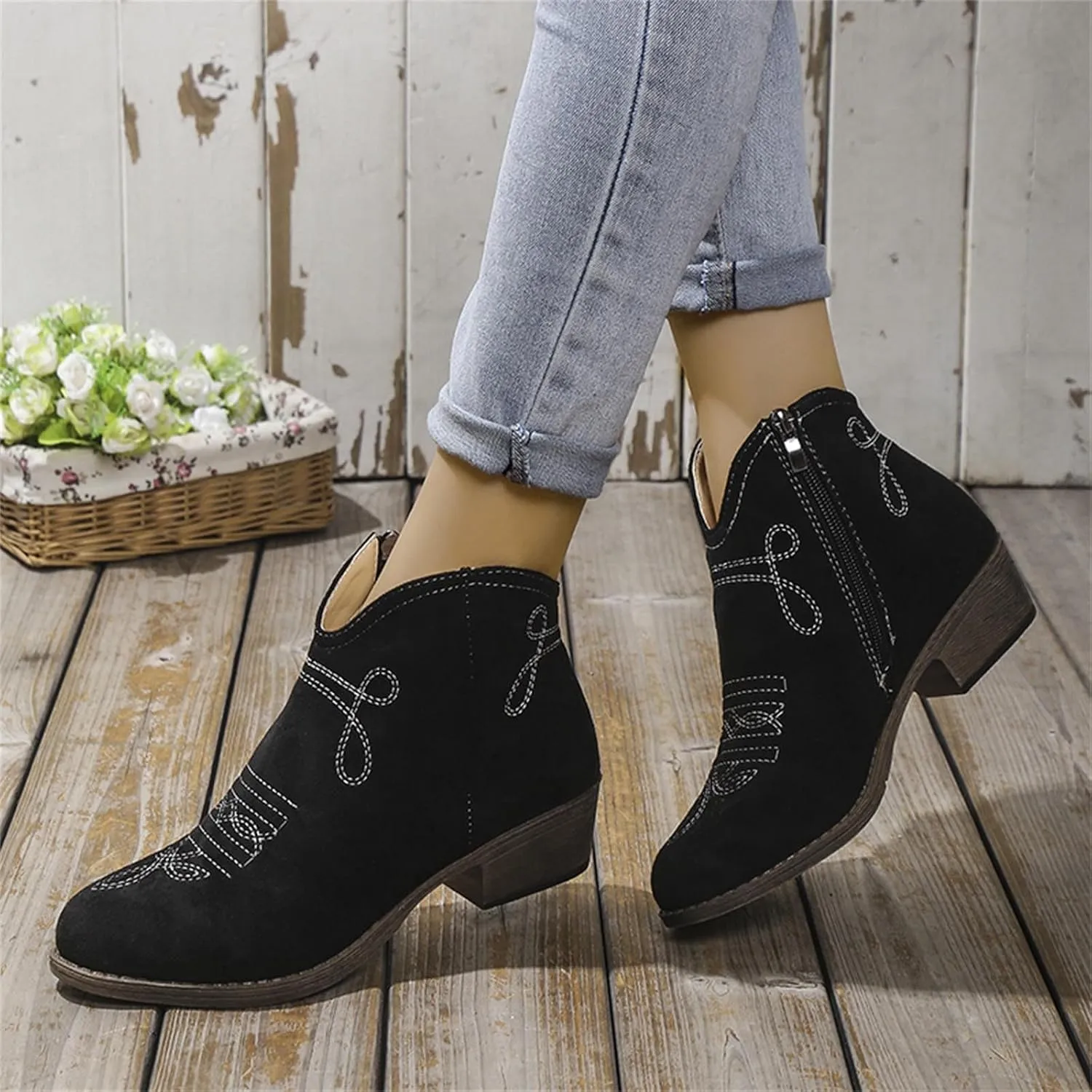Boots for Women Ankle Booties Black Boots for Women Winter Fashion Short Boots Side Zipper Chunky Heel Low Boots