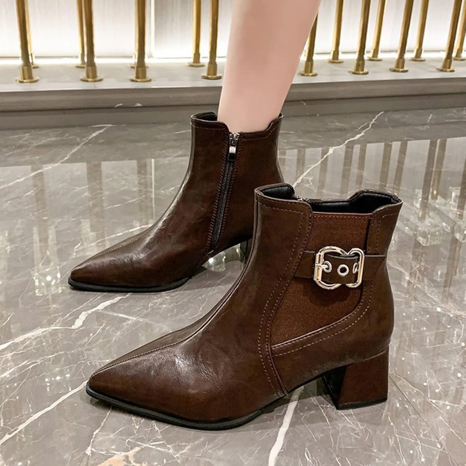 Boots for Women Ankle Booties Pointed Toe Square Heel Boots with Heels for Women Non Slip Side Zipper Casual Boots