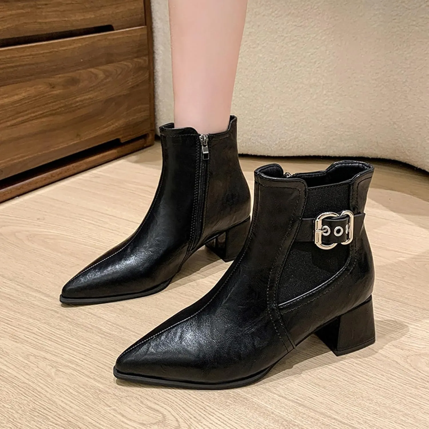 Boots for Women Ankle Booties Pointed Toe Square Heel Boots with Heels for Women Non Slip Side Zipper Casual Boots