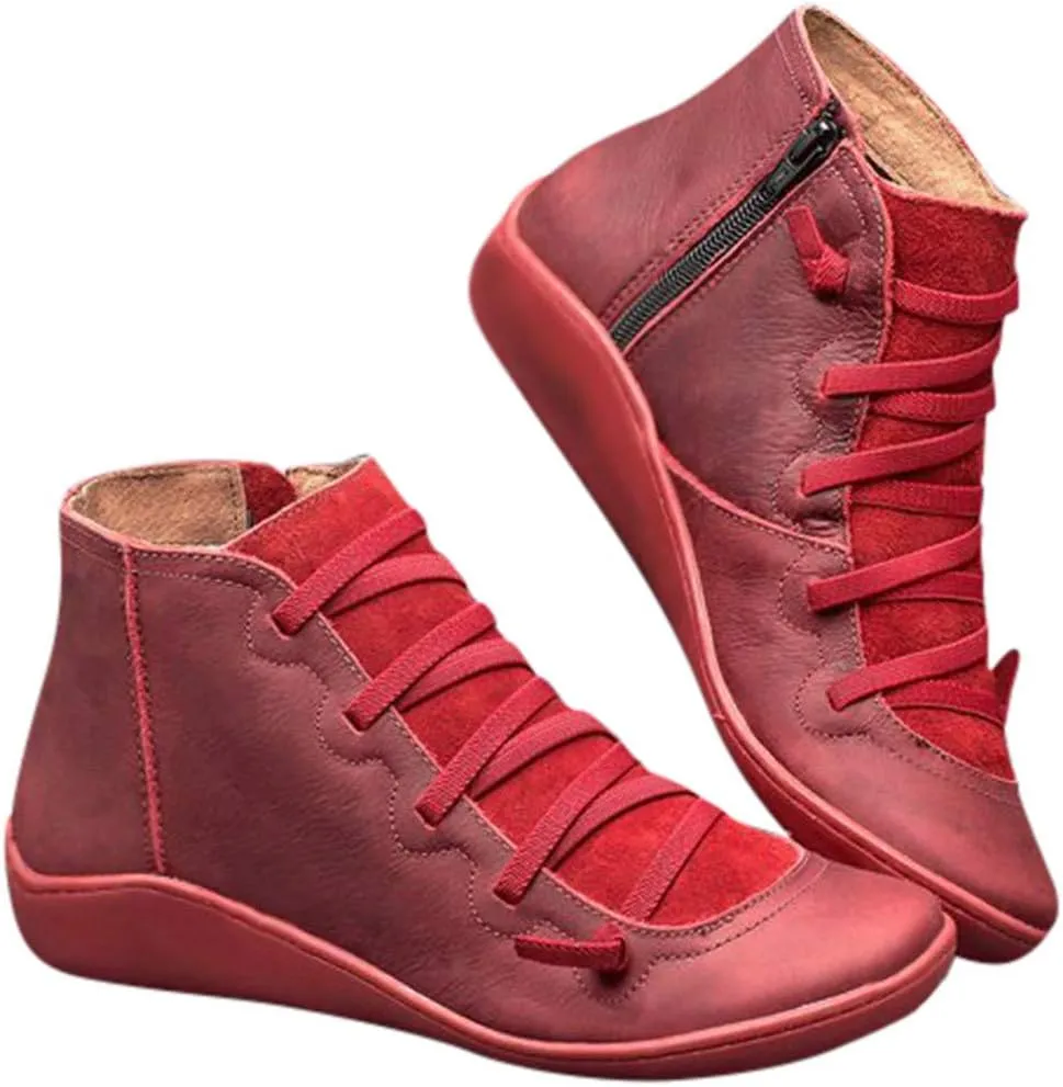 Boots for Women Ankle Boots for Women Round Toe Flat No Heel Comfortable Lace up Rubber Sole Side Zipper Women Boots