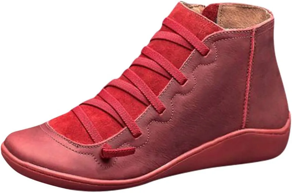 Boots for Women Ankle Boots for Women Round Toe Flat No Heel Comfortable Lace up Rubber Sole Side Zipper Women Boots