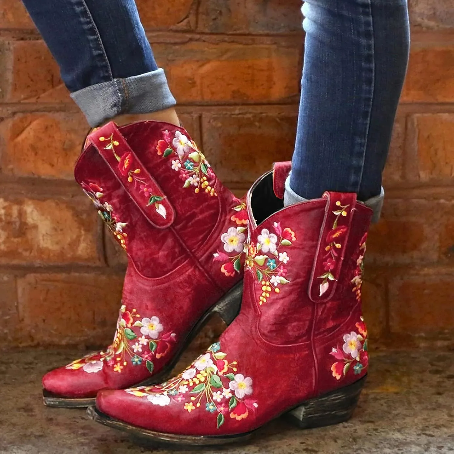 Boots for Women Fashion Embroidered Cowboy Soft Womens Boots PU Leather Short Heel Solid Color Cozy Ankle Boots