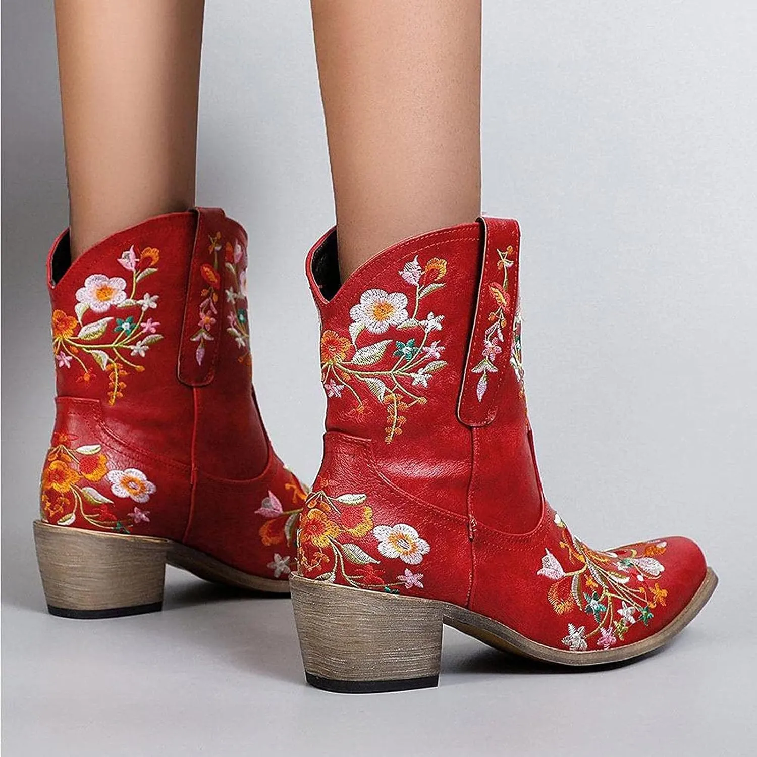 Boots for Women Fashion Embroidered Cowboy Soft Womens Boots PU Leather Short Heel Solid Color Cozy Ankle Boots
