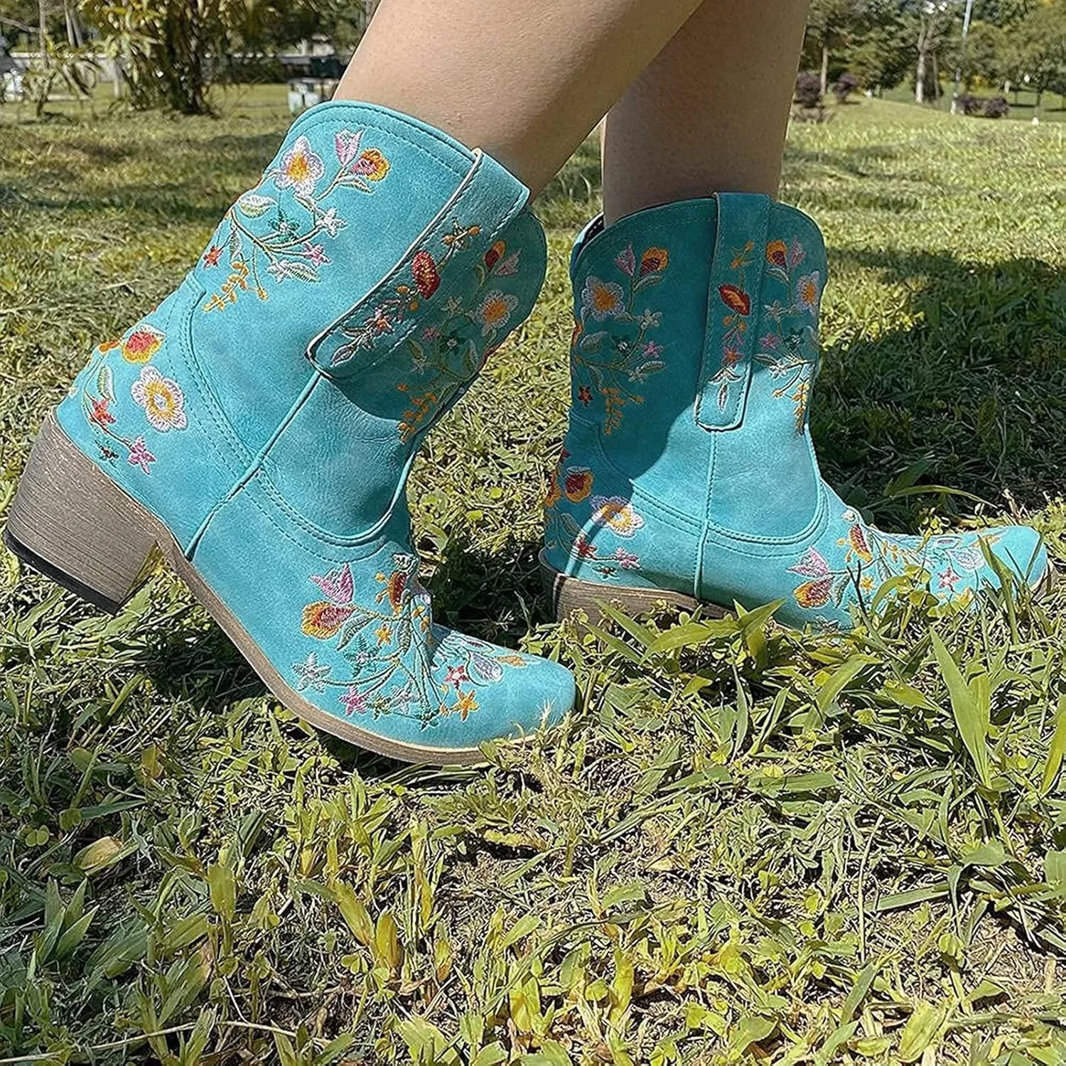 Boots for Women Fashion Embroidered Cowboy Soft Womens Boots PU Leather Short Heel Solid Color Cozy Ankle Boots